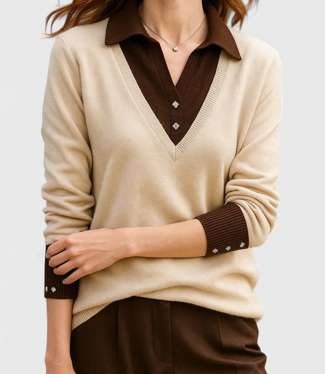 Women's V-Neck Knit Sweater, Polo Collar and Button Cuffs