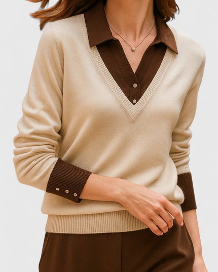 Women's V-Neck Knit Sweater, Polo Collar and Button Cuffs