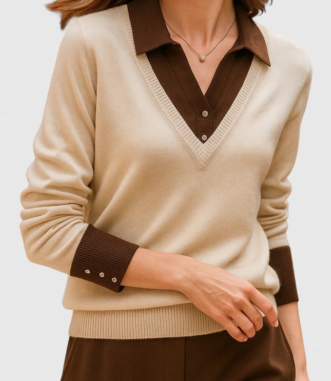 Women's V-Neck Knit Sweater, Polo Collar and Button Cuffs