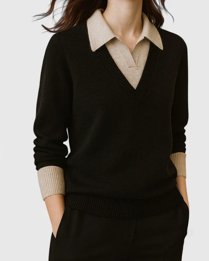 Women's V-Neck Knit Sweater, Polo Collar and Button Cuffs