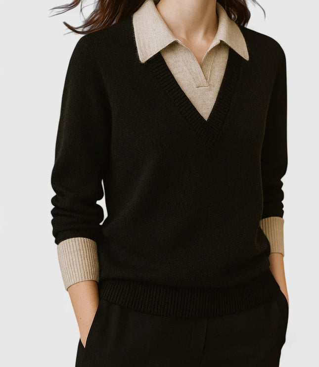 Women's V-Neck Knit Sweater, Polo Collar and Button Cuffs
