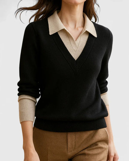 Women's V-Neck Knit Sweater, Polo Collar and Button Cuffs