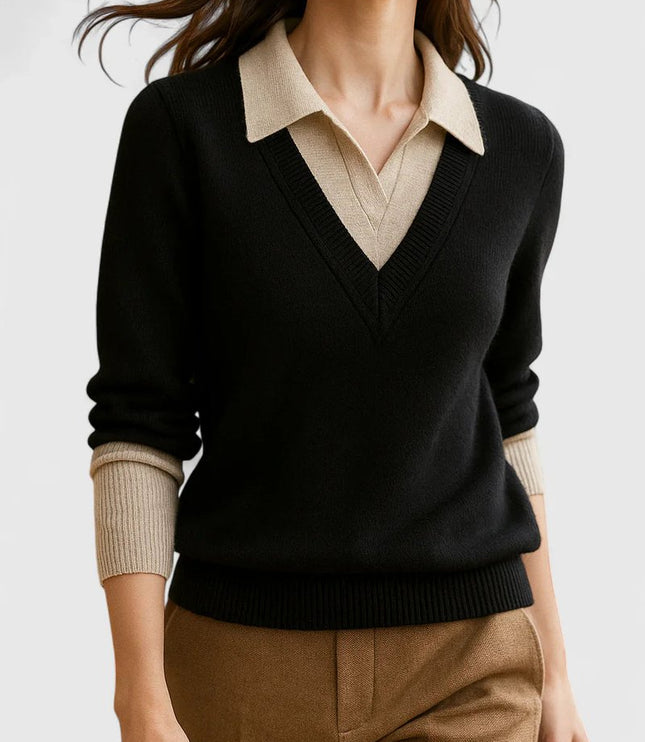 Women's V-Neck Knit Sweater, Polo Collar and Button Cuffs