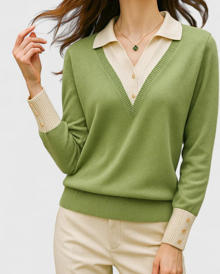 Women's V-Neck Knit Sweater, Polo Collar and Button Cuffs