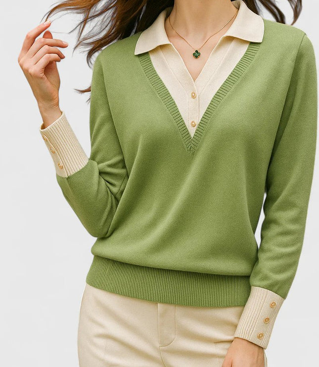 Women's V-Neck Knit Sweater, Polo Collar and Button Cuffs