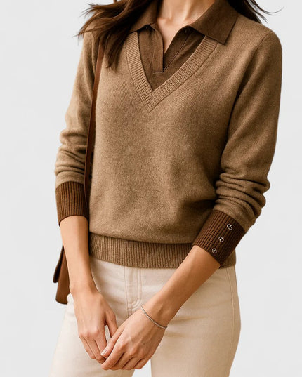 Women's V-Neck Knit Sweater, Polo Collar and Button Cuffs