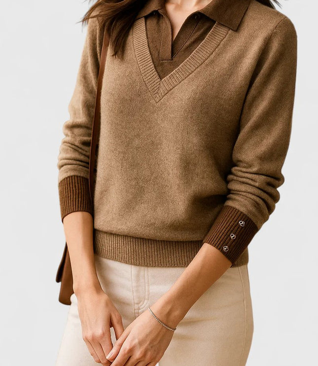Women's V-Neck Knit Sweater, Polo Collar and Button Cuffs