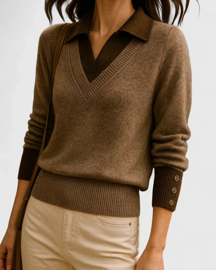 Women's V-Neck Knit Sweater, Polo Collar and Button Cuffs