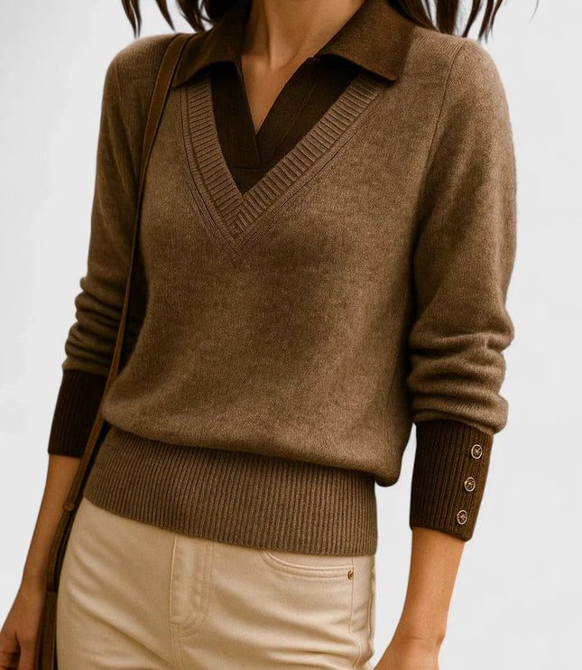 Women's V-Neck Knit Sweater, Polo Collar and Button Cuffs