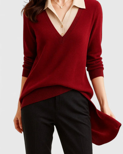Women's V-Neck Knit Sweater, Polo Collar and Button Cuffs