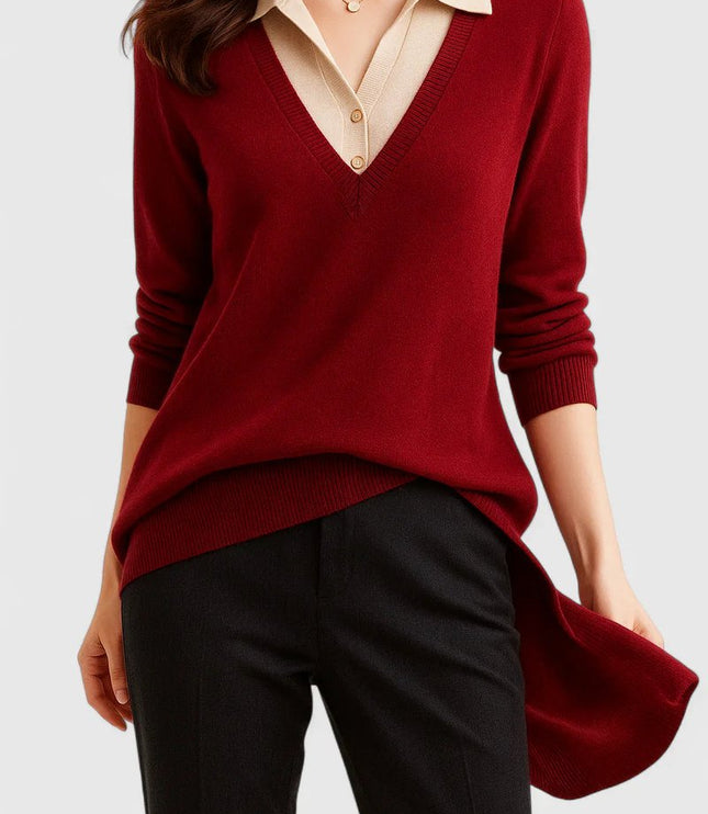 Women's V-Neck Knit Sweater, Polo Collar and Button Cuffs
