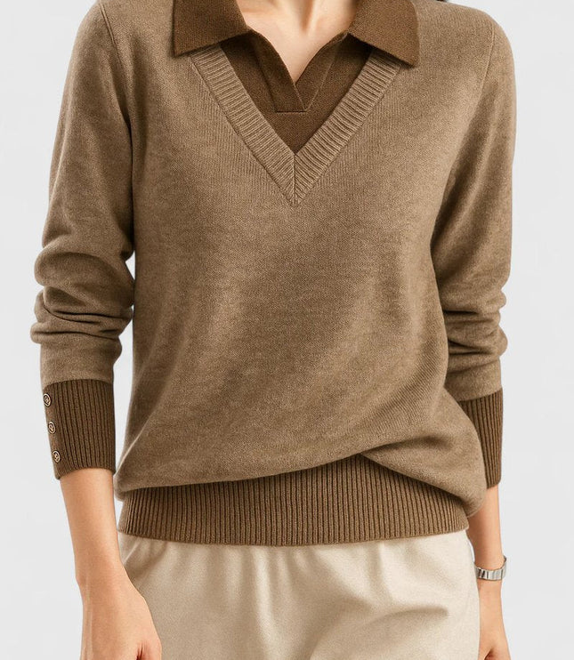 Women's V-Neck Knit Sweater, Polo Collar and Button Cuffs