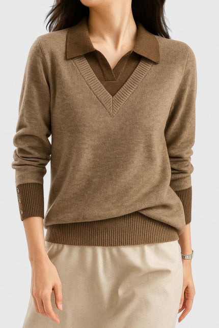 Women's V-Neck Knit Sweater, Polo Collar and Button Cuffs