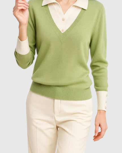 Women's V-Neck Knit Sweater, Polo Collar and Button Cuffs