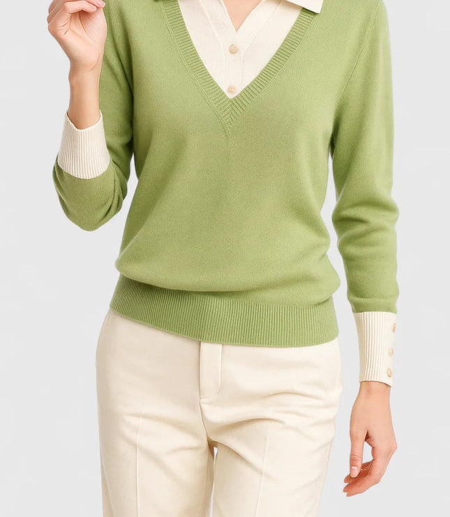 Women's V-Neck Knit Sweater, Polo Collar and Button Cuffs