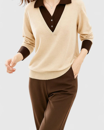 Women's V-Neck Knit Sweater, Polo Collar and Button Cuffs