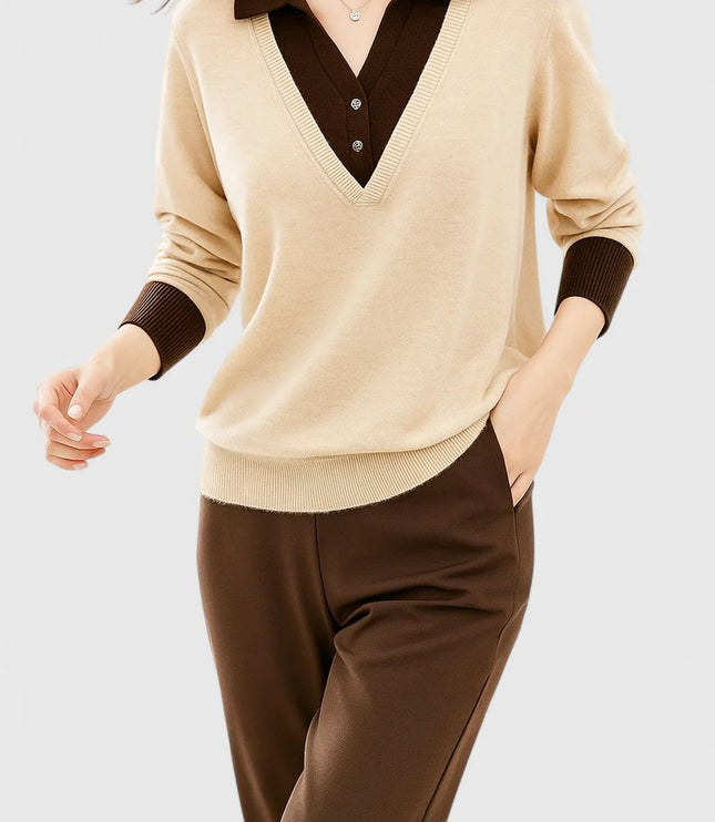 Women's V-Neck Knit Sweater, Polo Collar and Button Cuffs