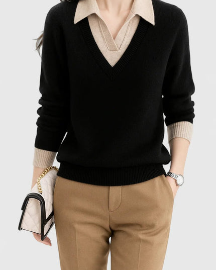 Women's V-Neck Knit Sweater, Polo Collar and Button Cuffs