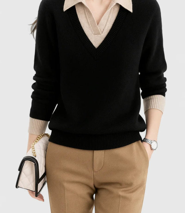 Women's V-Neck Knit Sweater, Polo Collar and Button Cuffs