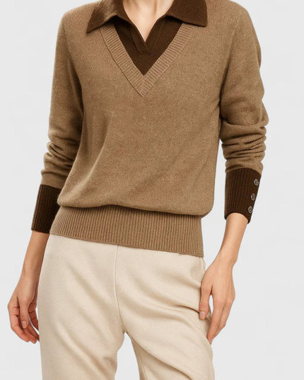 Women's V-Neck Knit Sweater, Polo Collar and Button Cuffs