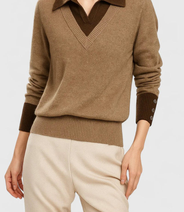 Women's V-Neck Knit Sweater, Polo Collar and Button Cuffs
