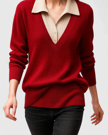 Women's V-Neck Knit Sweater, Polo Collar and Button Cuffs