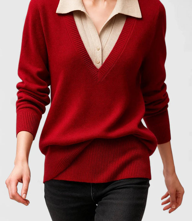 Women's V-Neck Knit Sweater, Polo Collar and Button Cuffs