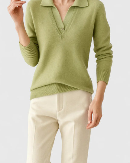 Women's V-Neck Knit Sweater, Polo Collar and Button Cuffs