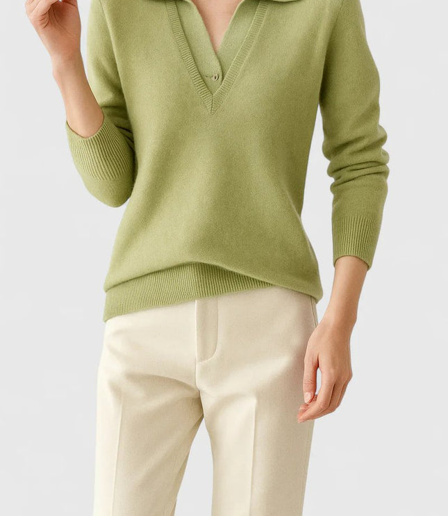 Women's V-Neck Knit Sweater, Polo Collar and Button Cuffs