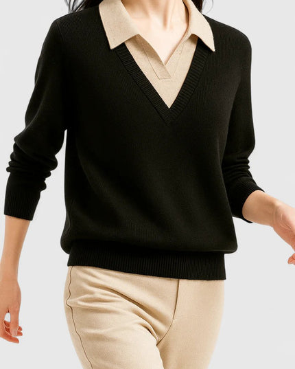 Women's V-Neck Knit Sweater, Polo Collar and Button Cuffs