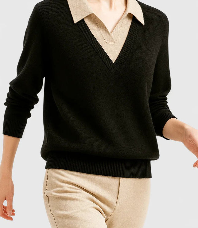 Women's V-Neck Knit Sweater, Polo Collar and Button Cuffs