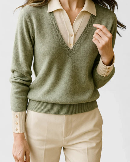 Women's V-Neck Knit Sweater, Polo Collar and Button Cuffs