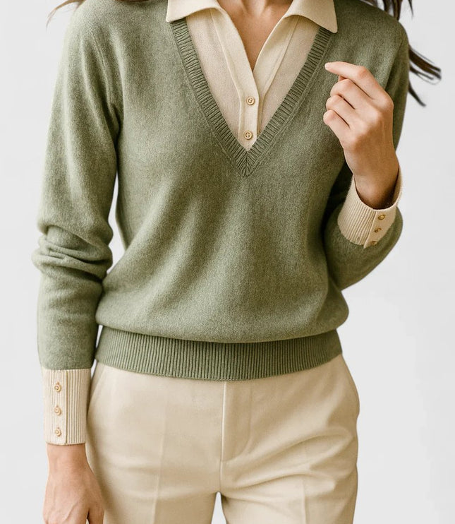 Women's V-Neck Knit Sweater, Polo Collar and Button Cuffs