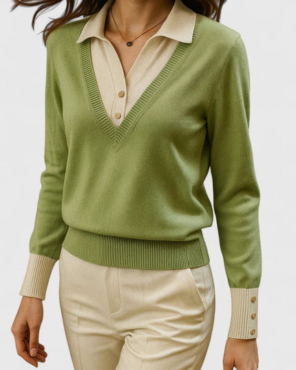 Women's V-Neck Knit Sweater, Polo Collar and Button Cuffs