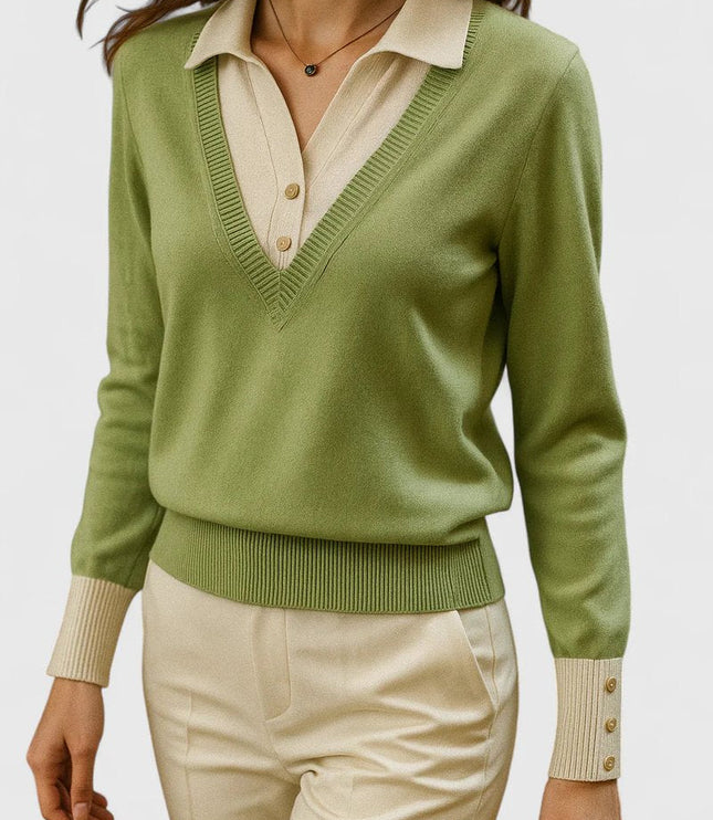 Women's V-Neck Knit Sweater, Polo Collar and Button Cuffs