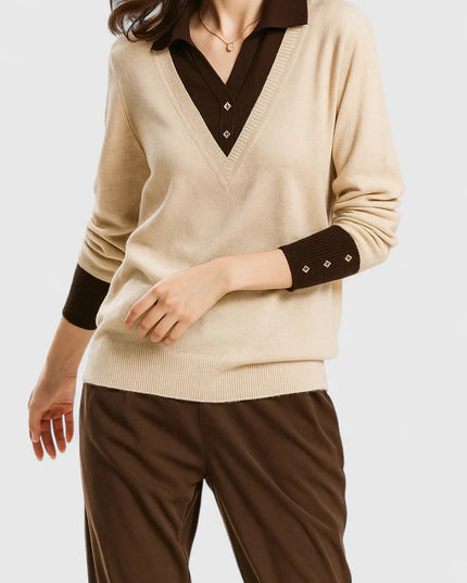 Women's V-Neck Knit Sweater, Polo Collar and Button Cuffs