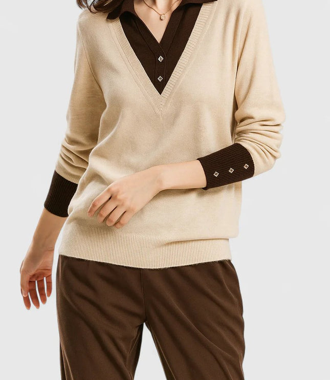 Women's V-Neck Knit Sweater, Polo Collar and Button Cuffs