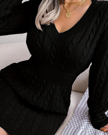 Women's V Neck Long Sleeve Fitted Cable Knit Sweater Dress