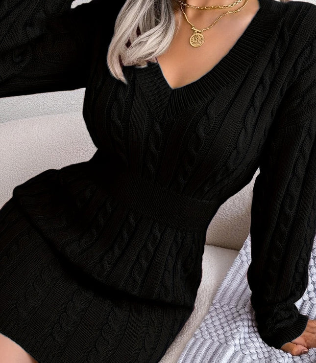 Women's V Neck Long Sleeve Fitted Cable Knit Sweater Dress