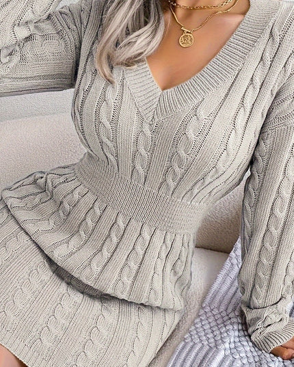 Women's V Neck Long Sleeve Fitted Cable Knit Sweater Dress