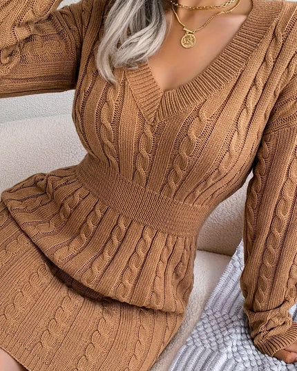 Women's V Neck Long Sleeve Fitted Cable Knit Sweater Dress