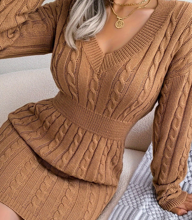 Women's V Neck Long Sleeve Fitted Cable Knit Sweater Dress