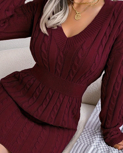 Women's V Neck Long Sleeve Fitted Cable Knit Sweater Dress