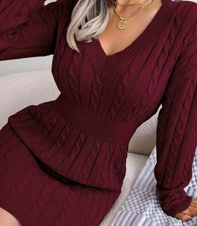 Women's V Neck Long Sleeve Fitted Cable Knit Sweater Dress