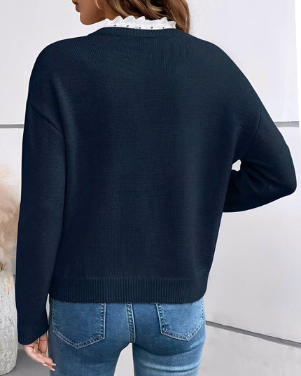 Women's V Neck Ribbed Knit Pullover Sweater with Lace Trim
