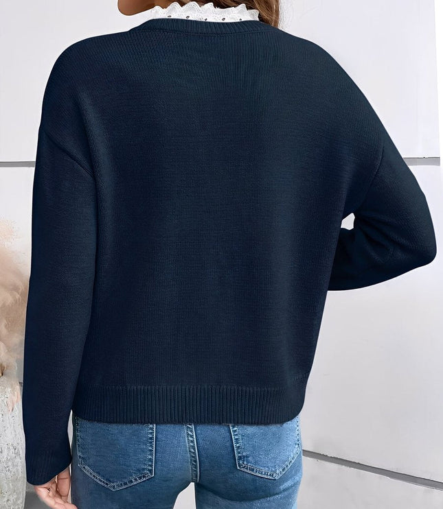 Women's V Neck Ribbed Knit Pullover Sweater with Lace Trim