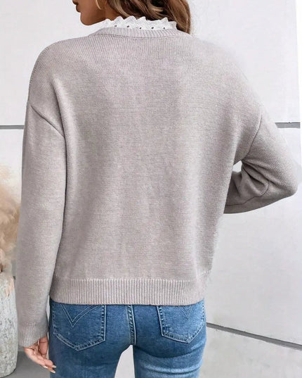 Women's V Neck Ribbed Knit Pullover Sweater with Lace Trim
