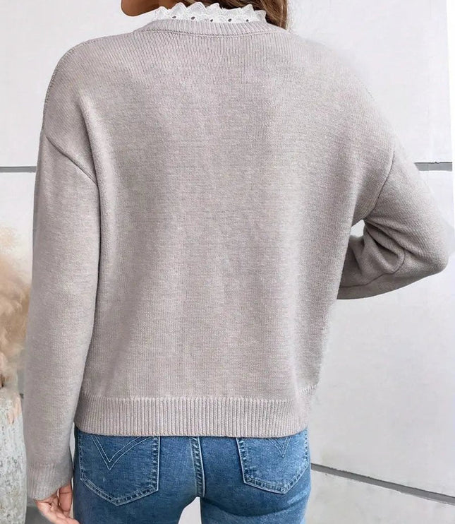 Women's V Neck Ribbed Knit Pullover Sweater with Lace Trim