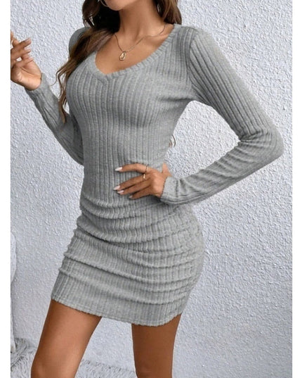 Women's V Neck Ribbed Long Sleeve Bodycon Mini Dress