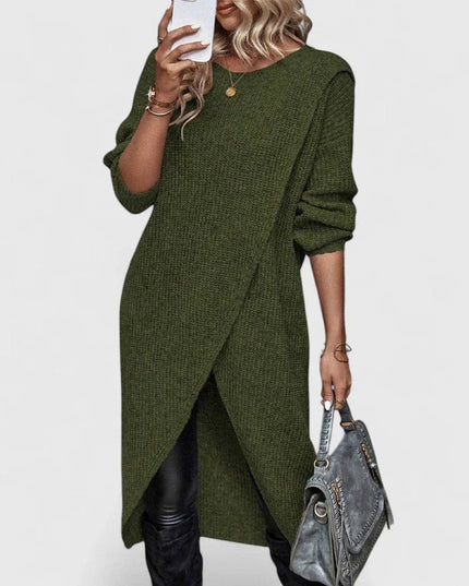 Women's V-Neck Sweater Dress, Ribbed Knit Asymmetric Hem